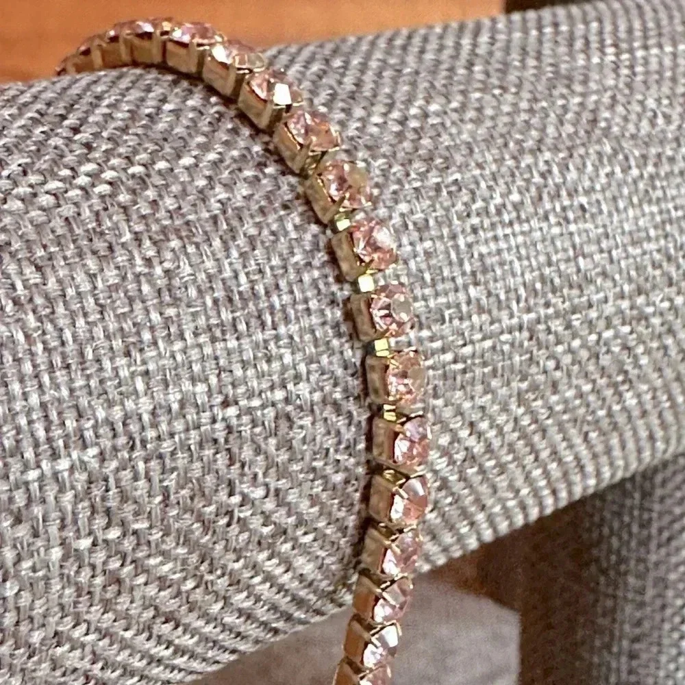 Pink Tourmaline CZ 18K Gold Stainless Steel Tennis Bracelet October Birthstone - Picture 3 of 7